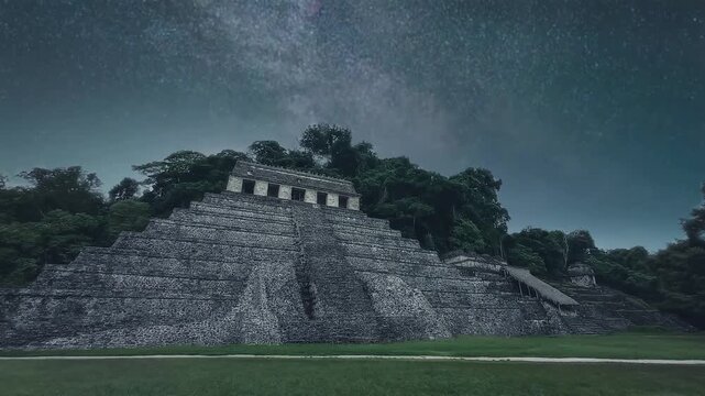 Timelapse of a starry night over an ancient mayan pyramid at archaeological site