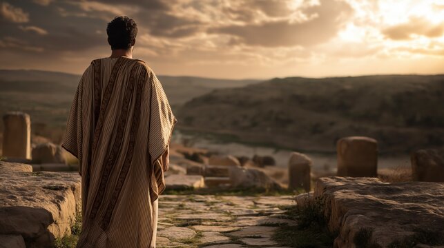 After receiving God's promise at Gibeon, Solomon stands in quiet reflection as the first light of dawn spreads across the hills, a peaceful reminder of divine favor and guidance.
