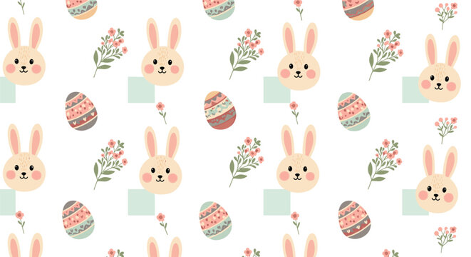 Easter themed seamless pattern with cute bunny heads, decorated eggs, and small flower bouquets on white background.
