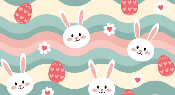 Whimsical seamless pattern with bunny heads, colorful eggs, and flower hearts on a blue and pink wavy background.