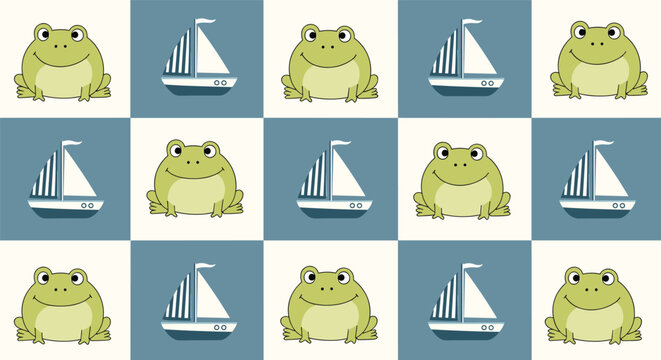Fun seamless pattern with smiling green frogs and small sailboats on a blue and white checkered background for kids.