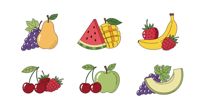 Set of hand drawn fruit clusters including grapes pear watermelon mango strawberry banana cherry and melon.