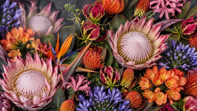Exotic African Flowers Flat Lay Background for Design