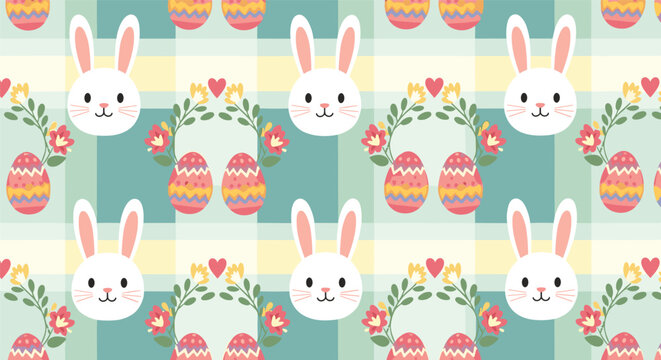 Charming easter seamless pattern with white bunny heads, decorated eggs, and floral wreaths on a green checkered background.