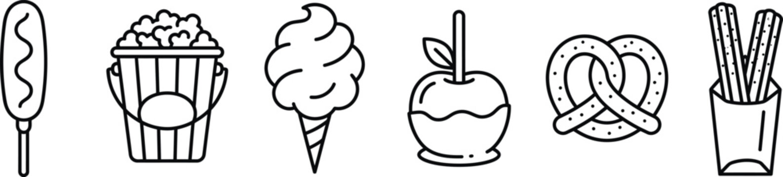 Minimalist Carnival Food Icon Set - Monoline Popcorn, Corn Dog, and Fair Food Vector