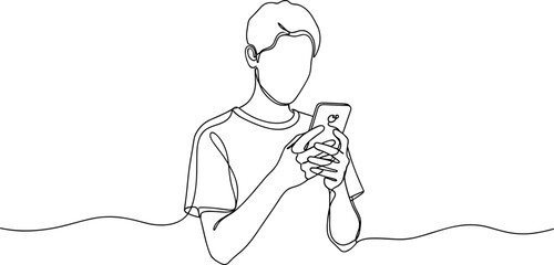 Continuous line drawing of a person using a smartphone, minimalist style © keenan