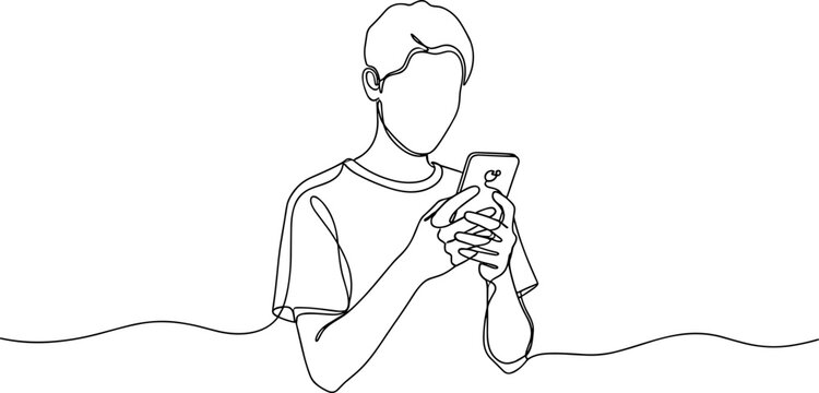 Continuous line drawing of a person using a smartphone, minimalist style