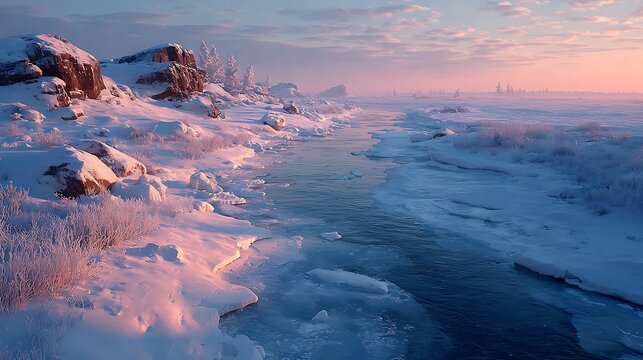 Serene snow covered tundra with reflective ice river under soft sky illustrator​