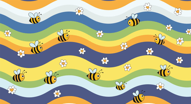 Vibrant wavy striped pattern in colors of blue green yellow and orange featuring cute cartoon bees and white flowers.