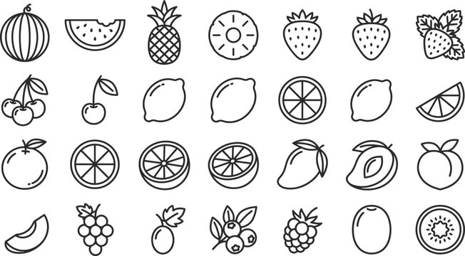 Summer Fresh Fruits Tropical Nutrition Vector Line Icons Set for Organic Food