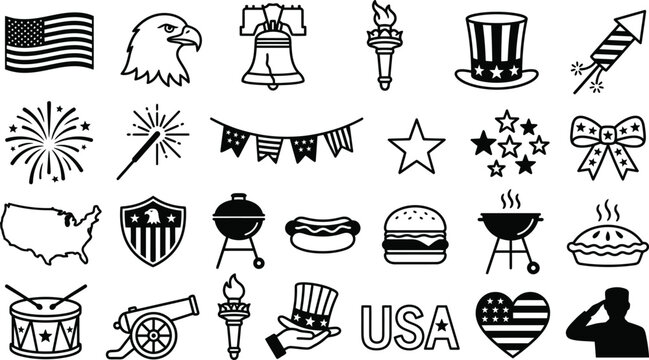 USA Independence Day 4th of July Patriotic Vector Line Icons Set