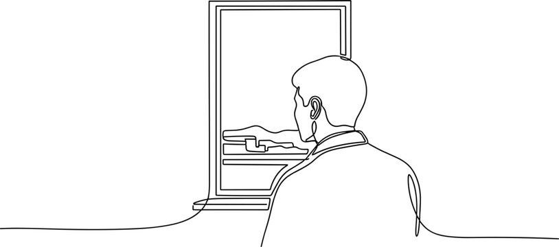Man looking at computer screen, digital art, minimalist, continuous line drawing