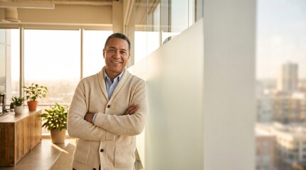 Fototapeta premium Mature black businessman standing with crossed arms in bright modern office space wearing casual beige cardigan looking directly at viewer