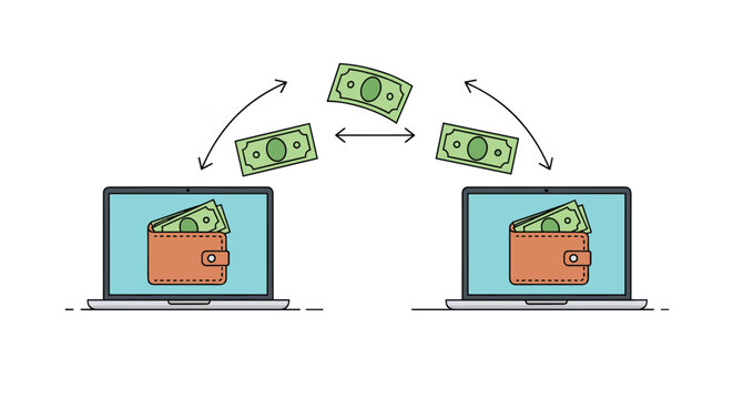 Digital money transfer concept showing banknotes moving between two laptop computers with wallet icons on screens.