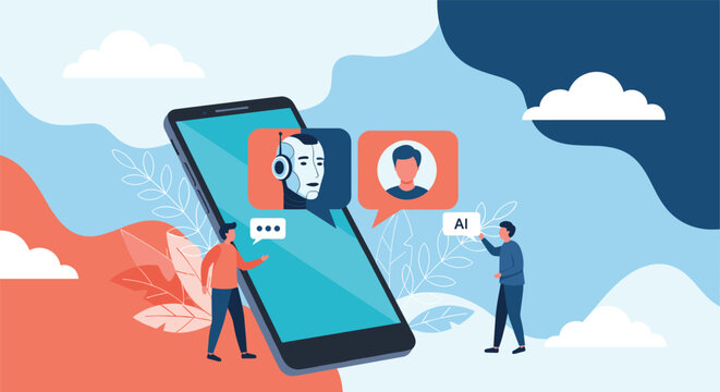 Artificial intelligence concept with people interacting with a robot chat bot on a large mobile smartphone screen.