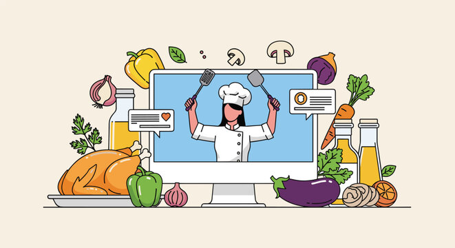 Online cooking class concept featuring a female chef on a computer screen surrounded by fresh vegetables and ingredients.