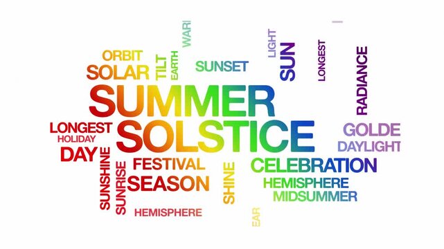 summer solstice concept Animated Tag Word Cloud kinetic typography, Text Design Animation typography seamless loop video motion graphics Intro Wordart tagcloud rainbow type on white background bg back
