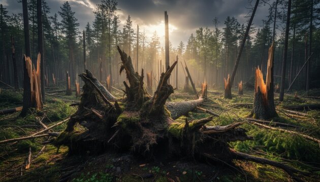 Fallen uprooted trees and snapped trunks in a forest after a severe derecho wind storm, showing extreme weather damage with sunlight breaking through clouds for ecological disaster concept