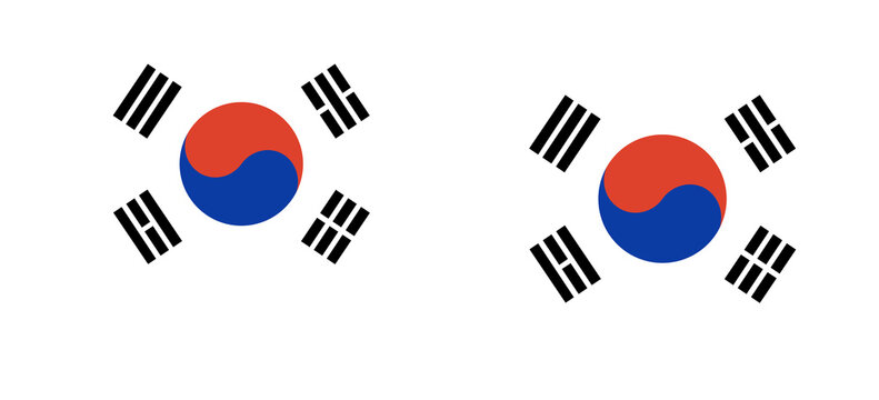 South Korea flags set. Flag of South Korea isolated in heart shape. Round flag of South Korea in circle shape isolated