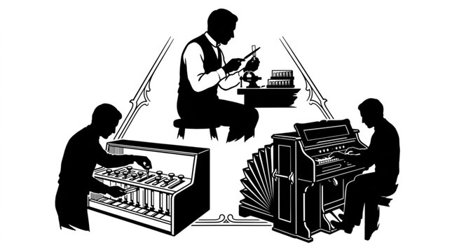 Traditional reed organ craftsman tuning brass reeds tuning pump organ and playing harmonium instrument silhouette vector illustration set