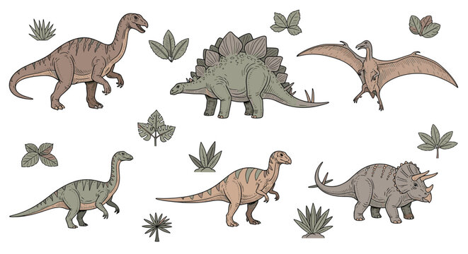 Collection of hand drawn sketch style dinosaurs and prehistoric leaves including stegosaurus triceratops and pterodactyl.