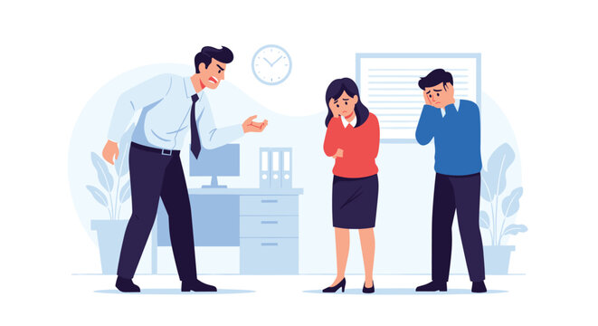 Angry boss shouting at stressed and sad employees in an office environment representing workplace pressure and conflict.