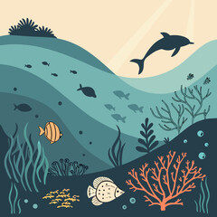 Naklejka premium Underwater ocean scene with swimming dolphin and marine life underwater background undersea