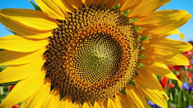 Close-up view of vibrant sunflower in blooming field. Beautiful sunflower showcases its intricate pattern. Bright colors create cheerful atmosphere in summer landscape.