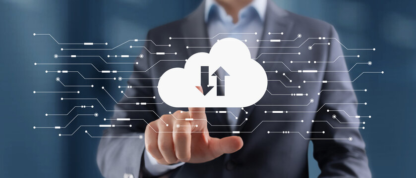 Cloud Computing Technology with Business Hand and Digital Interface Elements