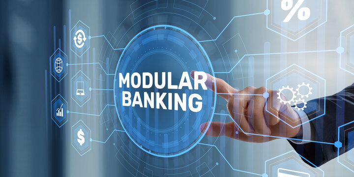 Modular Banking ecosystem with businessman touching virtual financial dashboard and connected digital platform icons