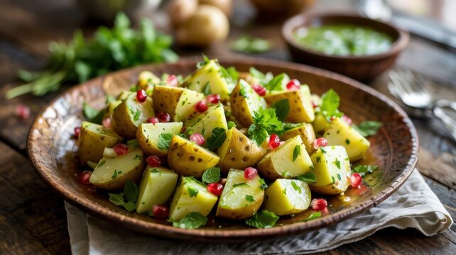 A traditional dish of Indian cuisine is the spicy potato salad appetizer Aloo Chaat.