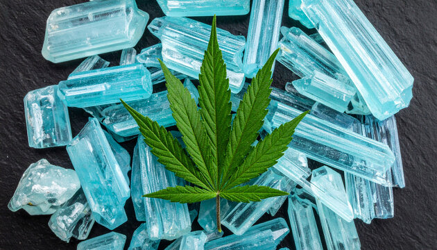 Hemp leaf on raw aquamarine crystals - high fidelity close-up