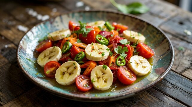 An exotic dish of Indian cuisine is the spicy banana salad appetizer Kela Chaat (Banana Chaat).