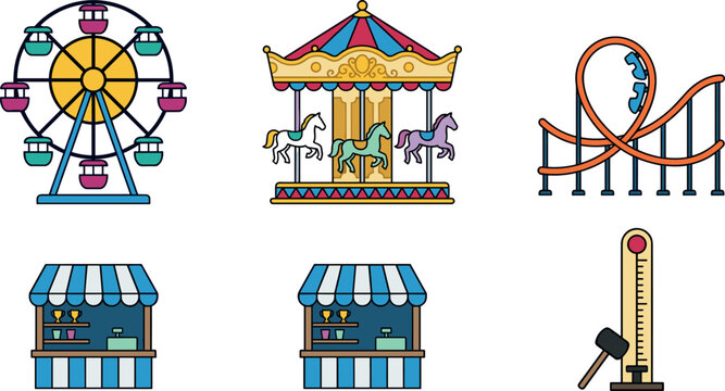 Amusement Park Ride Vector Element Set featuring Ferris Wheel Carousel Horse Merry Go Round Roller Coaster Carnival Food Stalls and High Striker Game