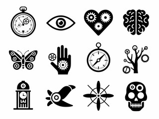 Steampunk icon set vintage clock eye heart brain butterfly hand compass tree airplane propeller and skull symbols isolated on white © Saqib1022
