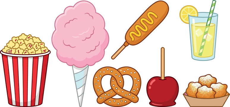 Carnival Food Vector Icon Set with Popcorn Cotton Candy Corn Dog Lemonade Soft Pretzel Candy Apple and Powdered Funnel Cake Bites