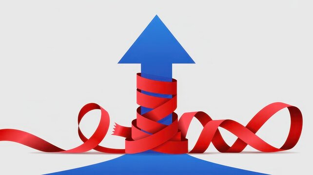 Blue triangle and red ribbon a vector illustration with a white background arrow geometric tape