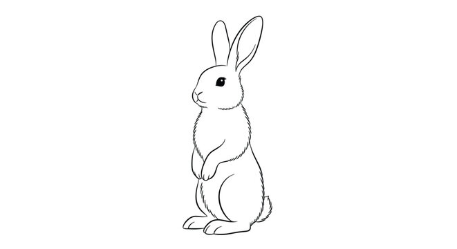 Detailed black and white line art drawing of a realistic rabbit standing on its hind legs isolated on a white background for nature illustration.