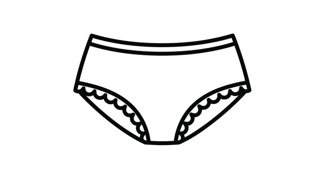Black and white line art illustration of a pair of women's panties with a delicate ruffled edge design for coloring books or icon sets.