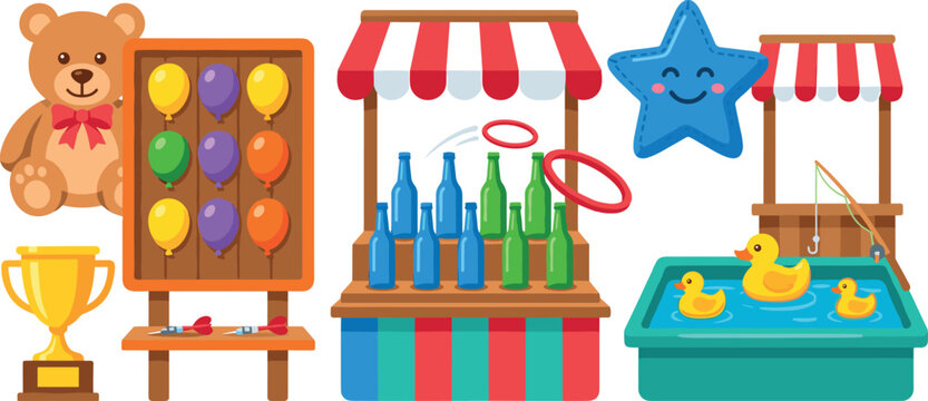 Carnival Game Stall Vector Element Set with Balloon Dart Board Ring Toss Bottle Game Fishing Duck Pond Teddy Bear Prize and Trophy