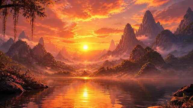 Serene mountain lake at sunset with vibrant orange sky and reflections