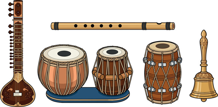 Indian Classical Music Instrument Set with Sitar, Tabla, Flute, Dholak, and Temple Bell Vector Illustrations for Cultural and Heritage Designs