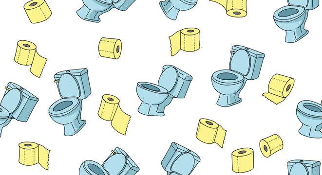 Seamless pattern of blue toilets and yellow toilet paper rolls scattered on a white background for bathroom decor.