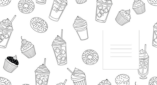 Seamless outline pattern featuring various types of drinks and cupcakes with a central frame for text or message.