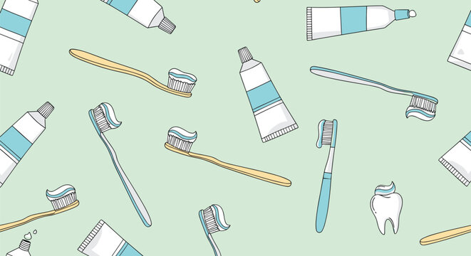 Seamless pattern of toothbrushes toothpaste tubes and a single tooth on a light green background for dental care.