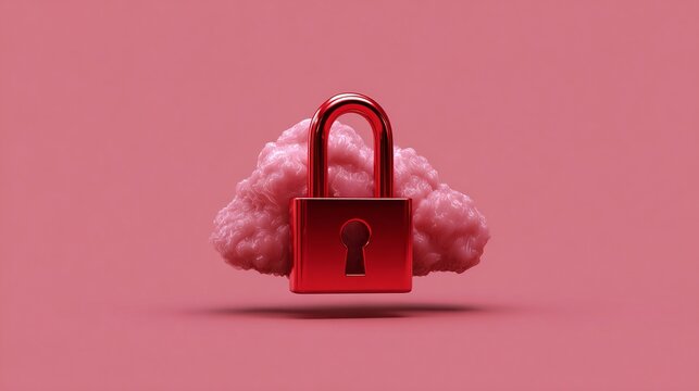 A shiny red padlock floating over a fluffy pink cloud, symbolizing digital security and data protection.
