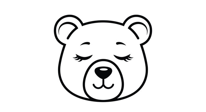 Simple black outline of a sleeping bear head with long eyelashes and a calm expression for nursery decoration.