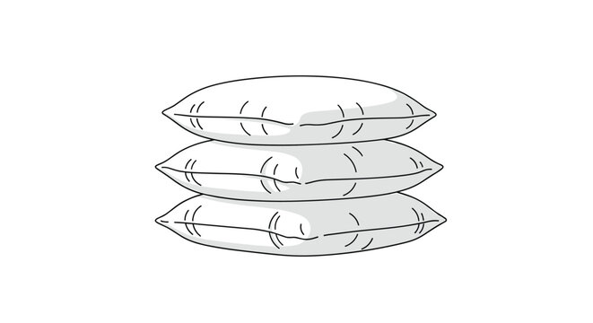 Simple line drawing of a stack of three soft pillows with gray shading isolated on a white background for bedroom.