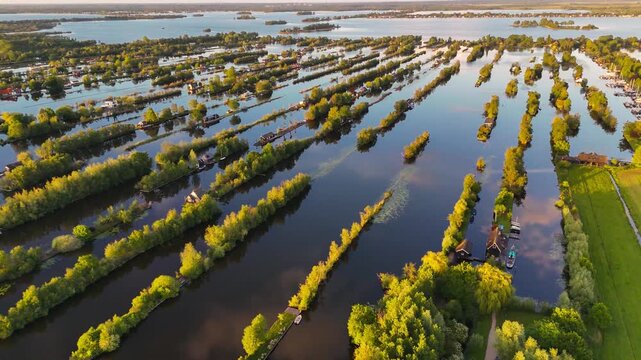 Aerial drone view the harbour of Scheendijk Loosdrechtse Plassen, a floating village in the Netherlands at sunset. High quality 4k footage