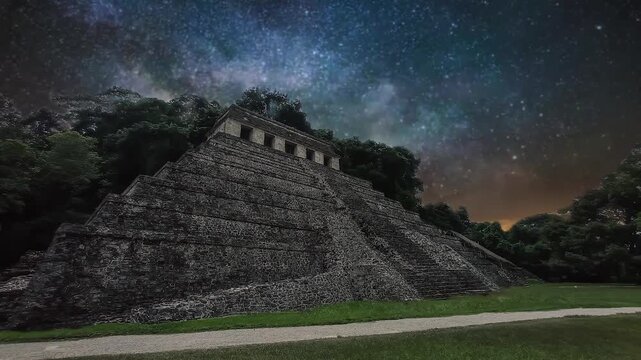 Timelapse of a galactic night over an ancient mayan pyramid